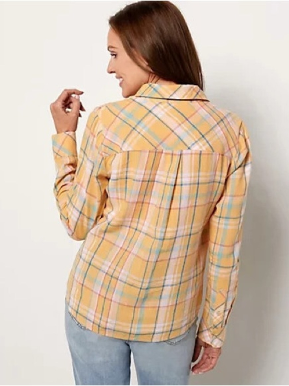 Candace Cameron Bure Linen Blend Button Down Top in Apricot Plaid